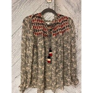 Sundance boho paisley semi sheer raw cuff pullover tassel detail blouse small
